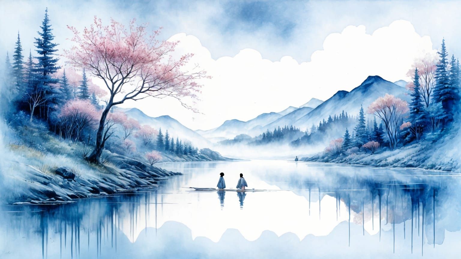 Japanese-Inspired Watercolor Lithograph in Monochromatic Ton...