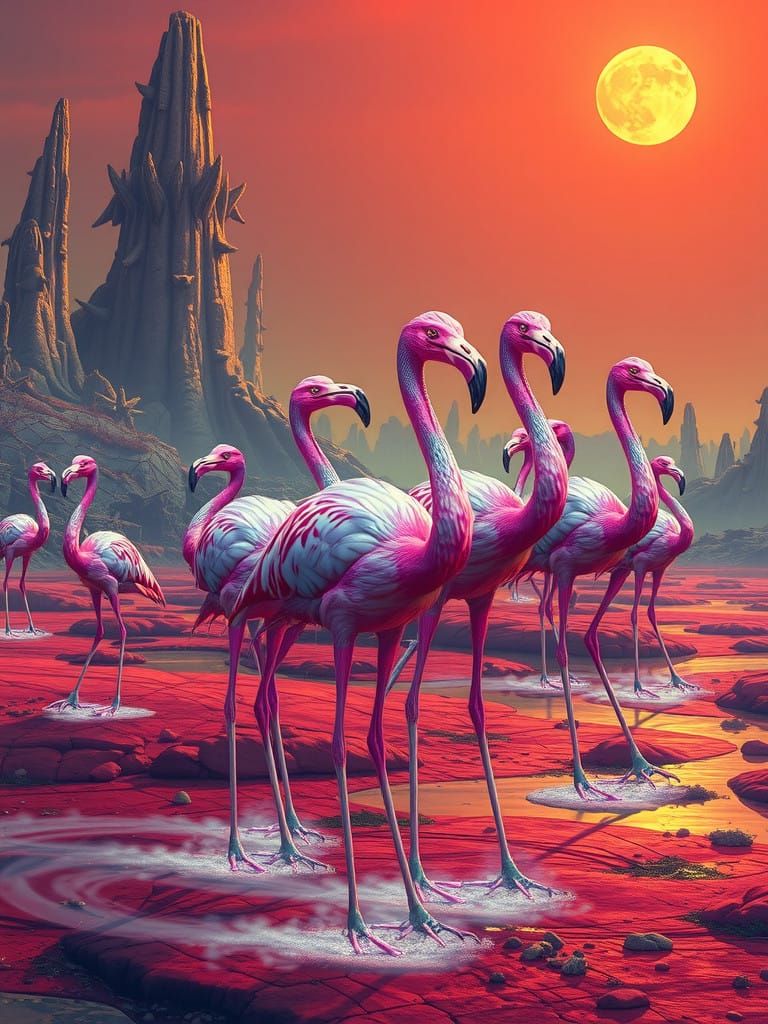 Vibrant Mutant Flamingos on Alien Shore