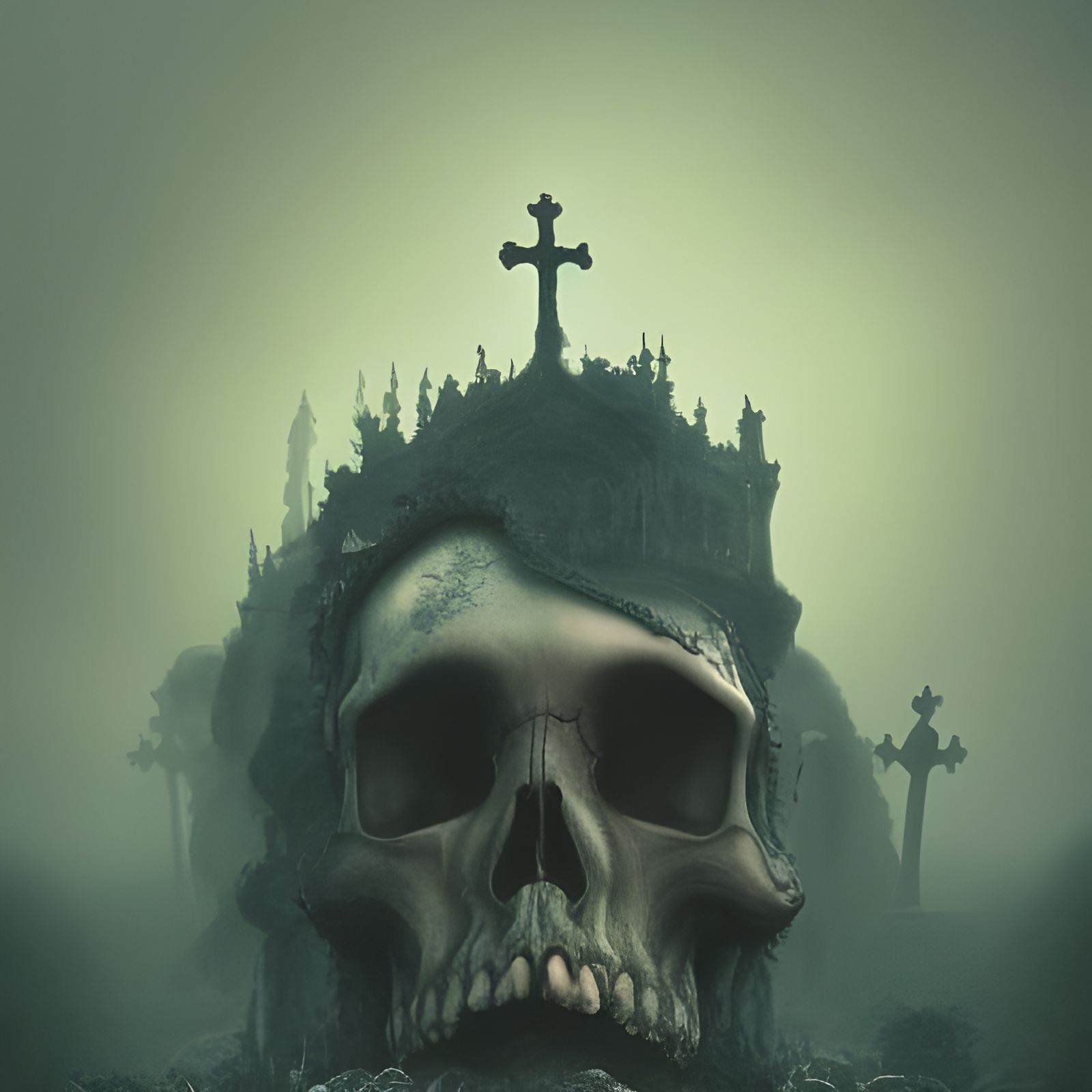 Floating Skull Island Graveyard in Detailed Gouache Style