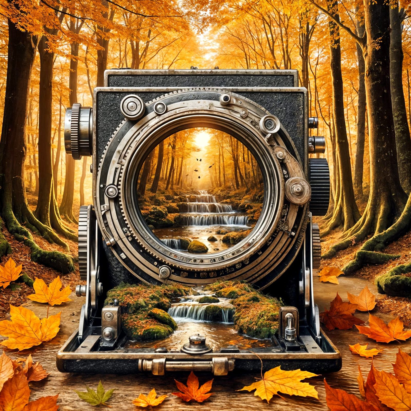 Vintage Camera Portal to Autumn Forest
