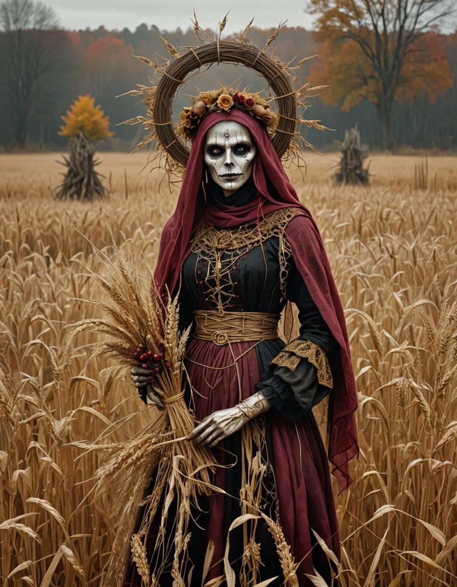 Witch Maiden with Pagan Wreath in Autumn Field