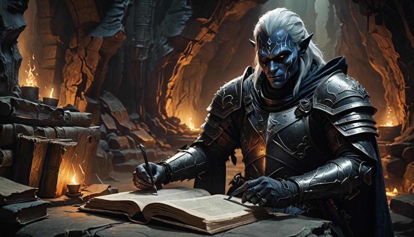 Drow Opens Ancient Book in Dimly Lit Cavern