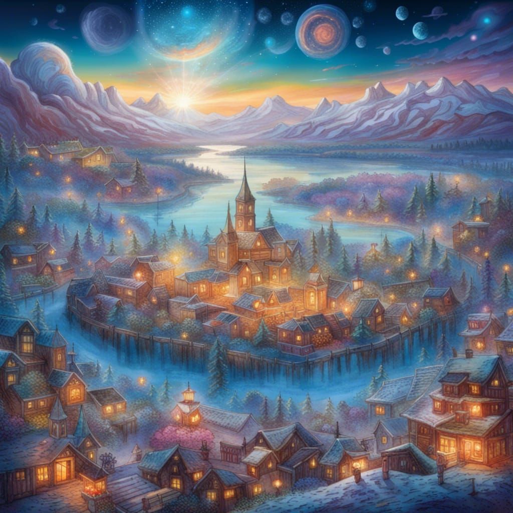 Winter Town in Snowstorm: Oil Painting with Cosmic Light