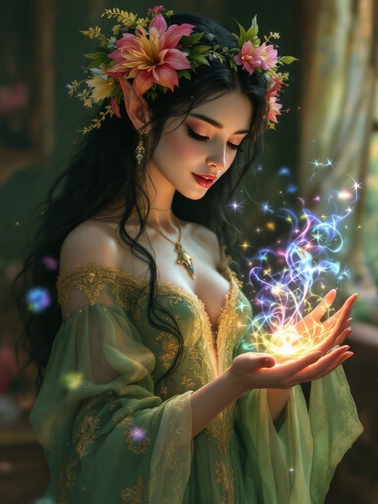 Serene Elf Maiden in Emerald Gown and Lace Veil