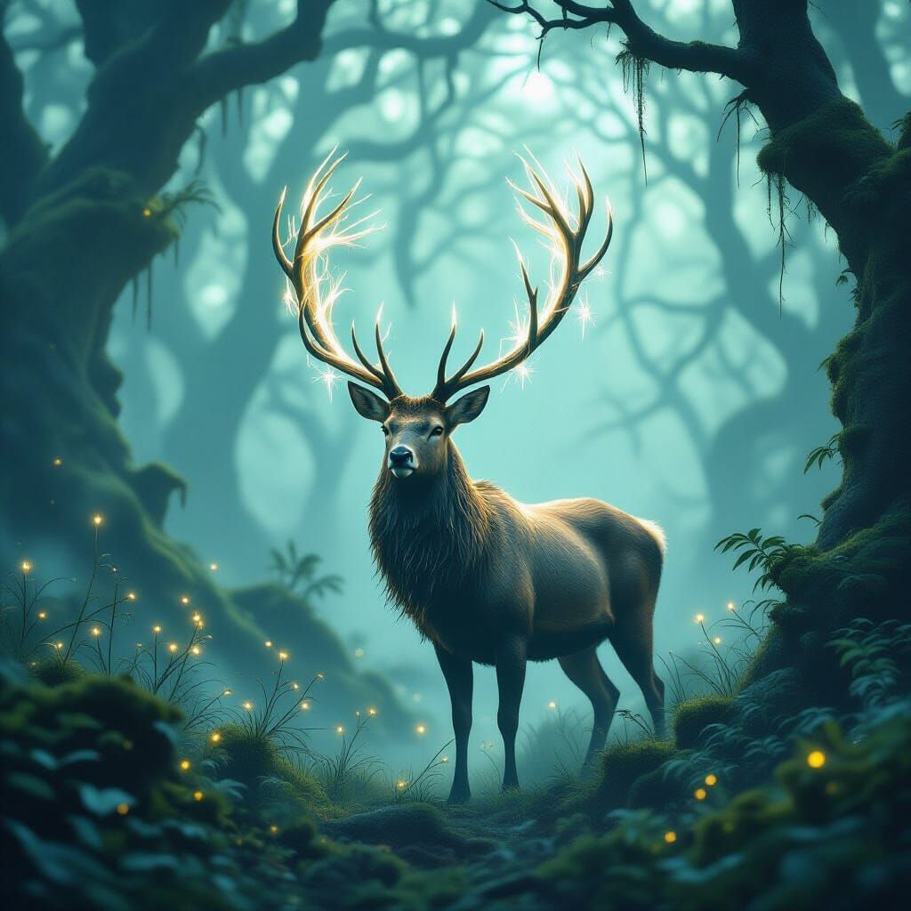 Majestic Stag with Crystal Antlers in Ethereal Forest