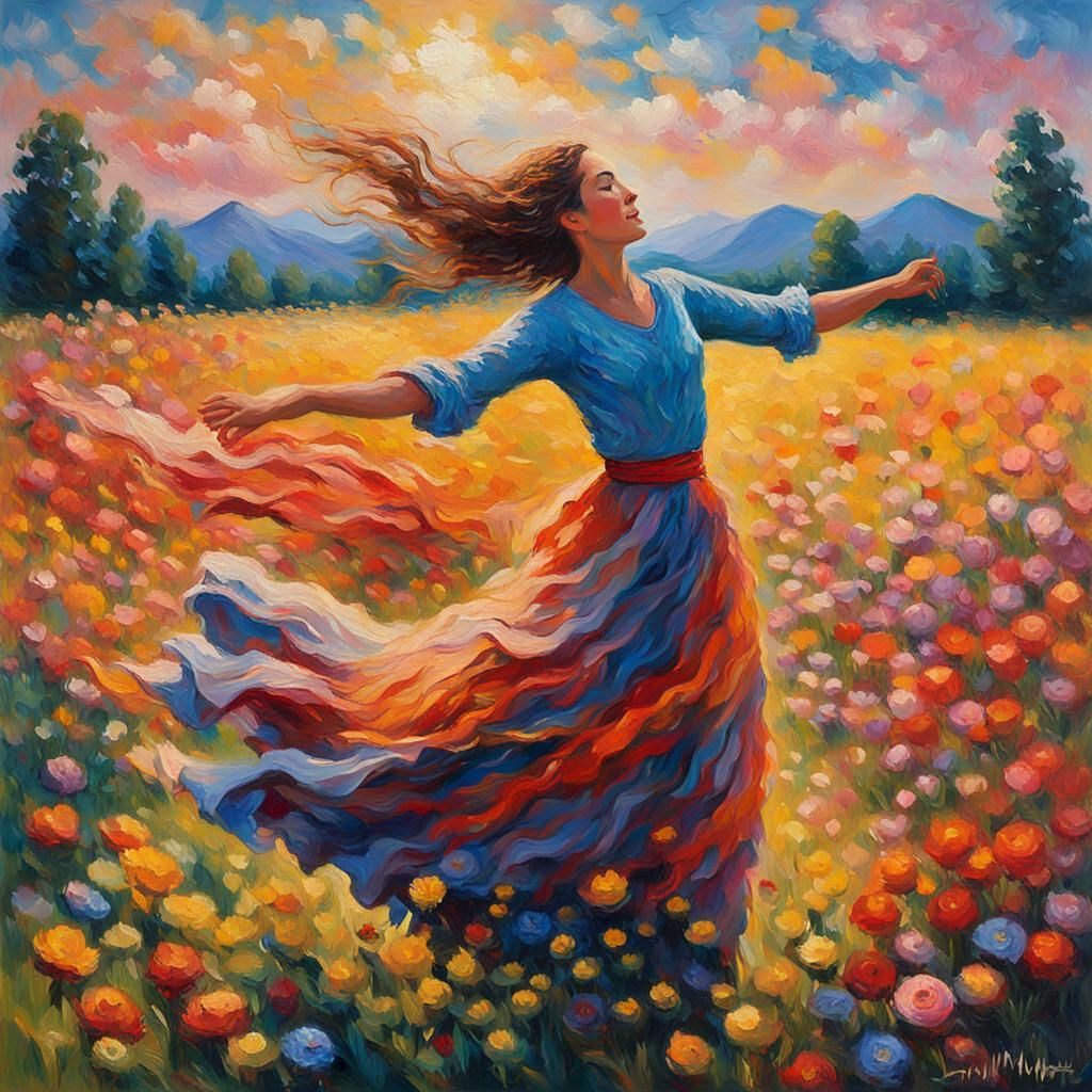 Expressionist Woman Dancing in Flower Field as Impasto Paint...