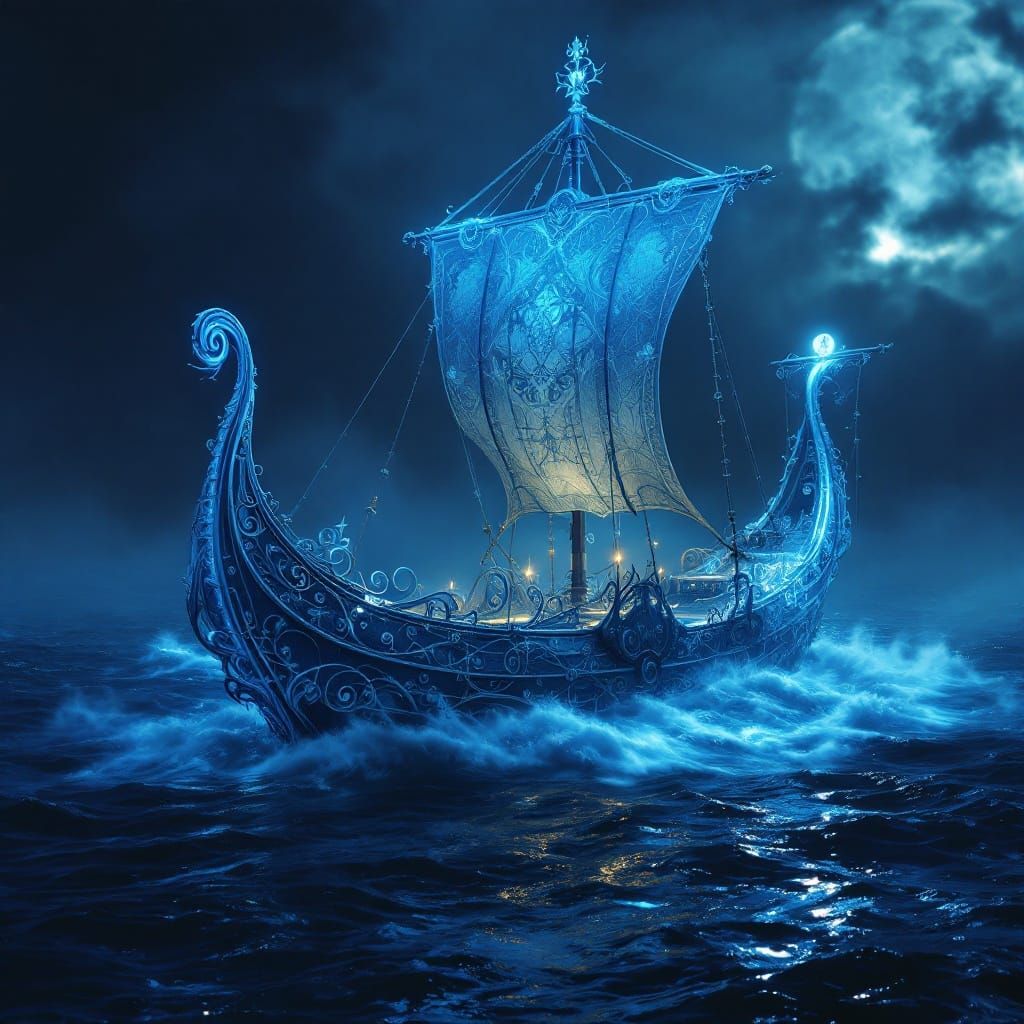 Ethereal Elven Ship Sails Indigo Sea in Fantasy Style