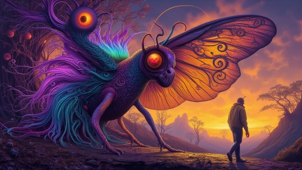 Surreal Man in Moth Costume with Rainbow Lightning