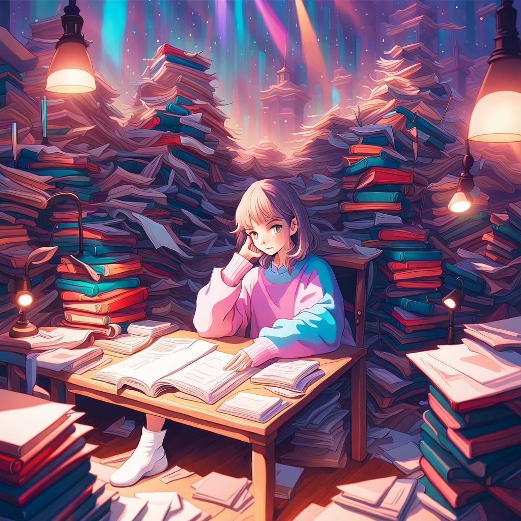 Cute Anime Girl Surrounded by Books in Digital Art