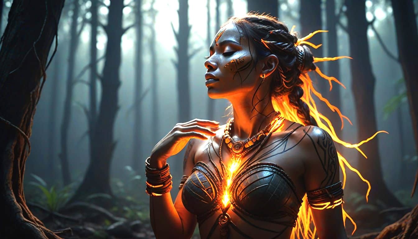 Tribal ritual scene in a dark, primeval forest clearing at n...