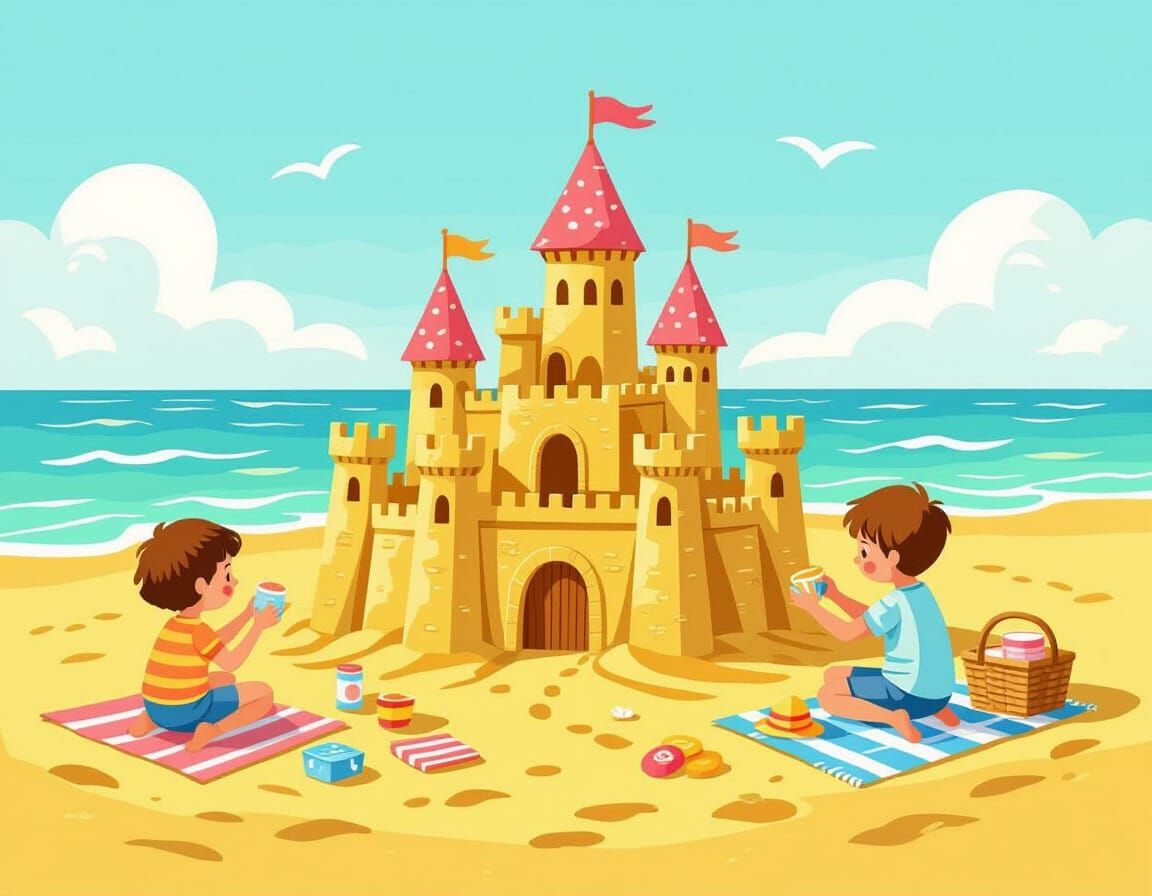 Beach Sandcastle Scene in Children's Illustration Style