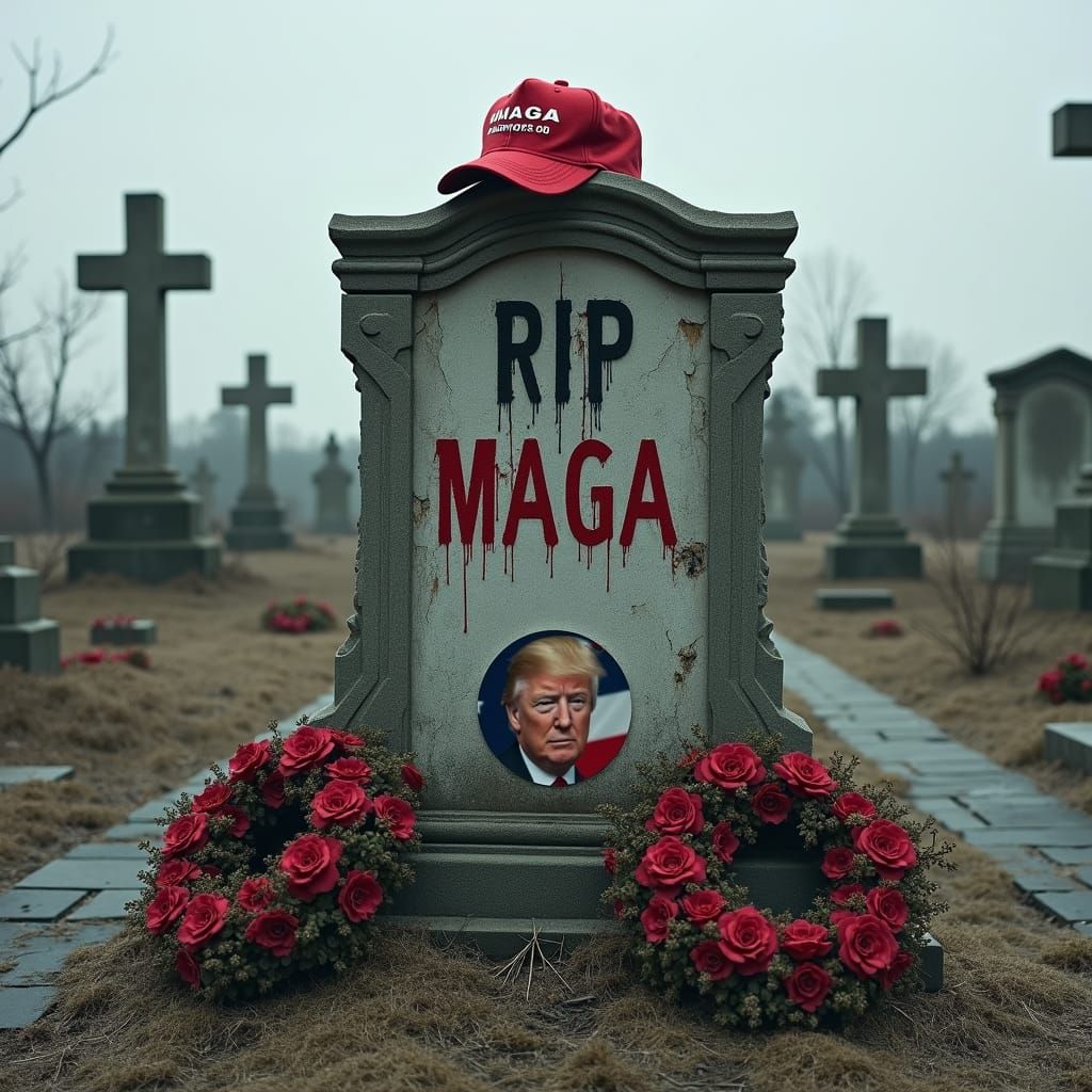Dystopian Cemetery: RIP MAGA Tombstone in Beksiński Style