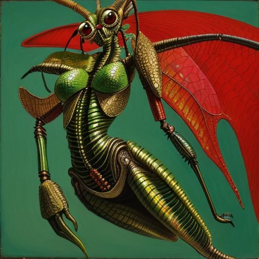 Surreal Phasmatodea Woman in Melting Oil Style