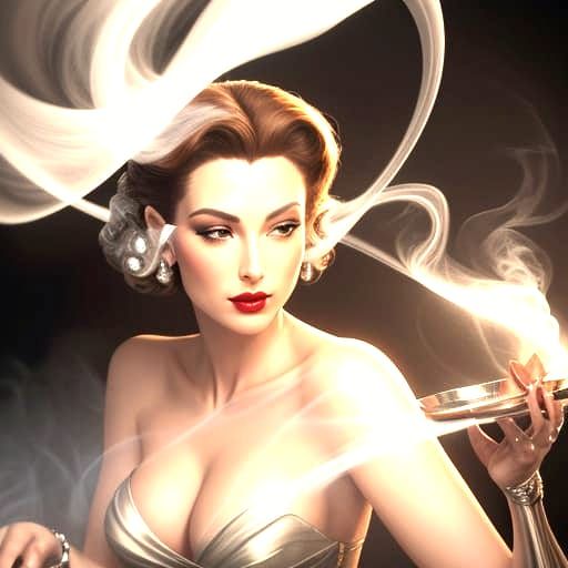 Sultry Woman Emerge from Cigar Smoke in Luxurious Setting