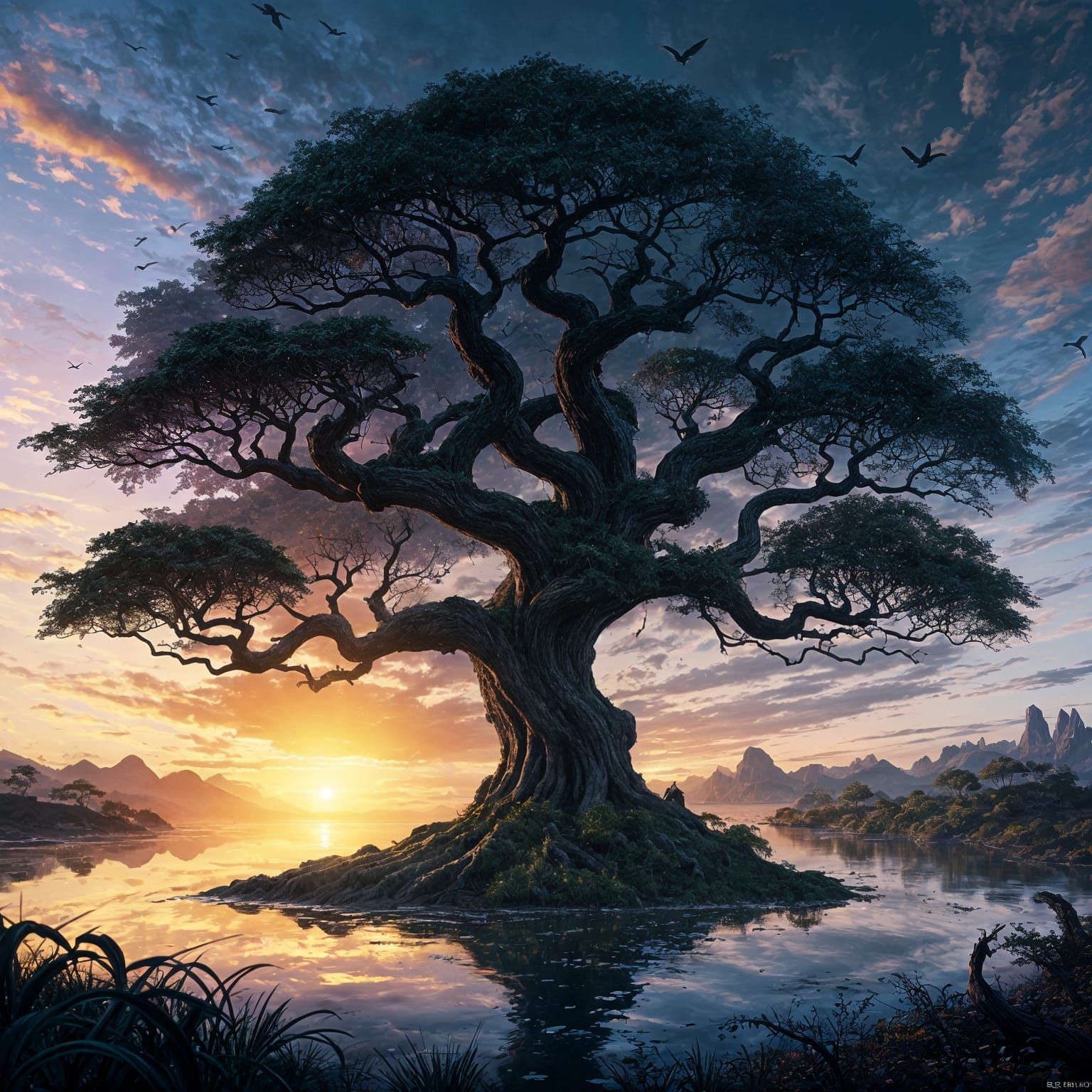 Tree of Life Silhouette at Sunset: Fantasy Art
