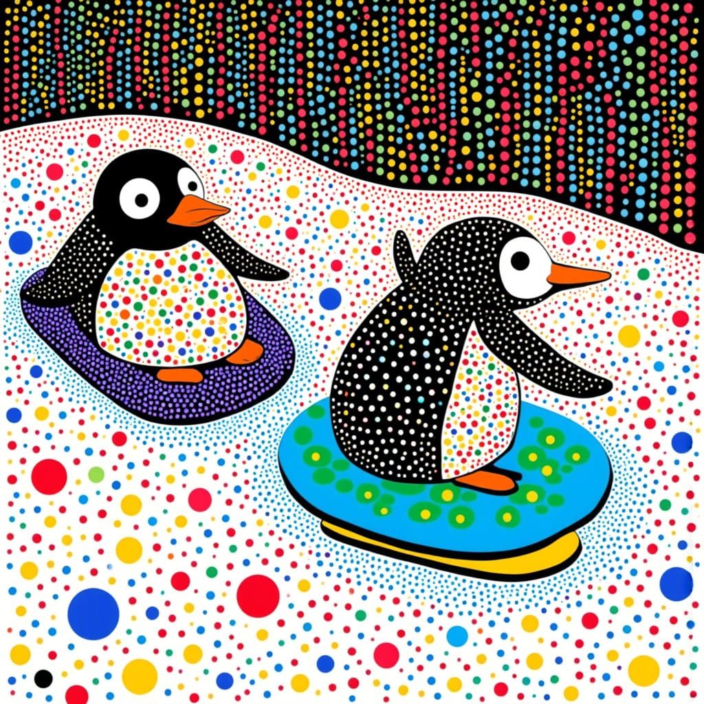 Penguins Sliding on Ice in Yayoi Kusama Style