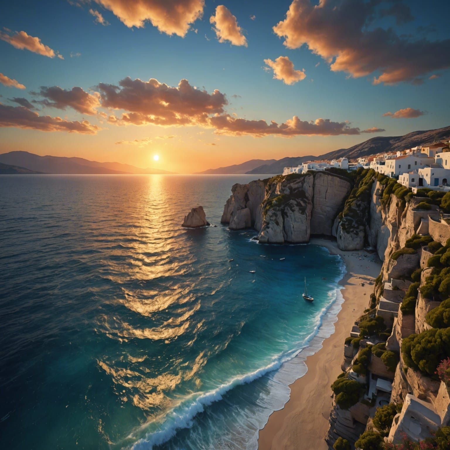 Greek Coastal Sunset: Detailed Matte Painting