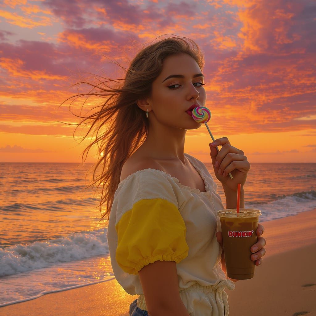 A young woman with windswept hair, standing on a beach at su...