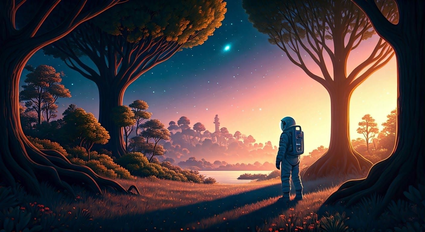 Astronaut Stargazing in Mystical Forest at Golden Hour