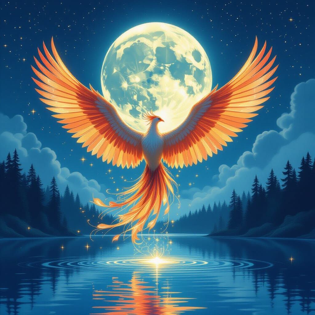 Phoenix Soaring Over Moonlit Lake in Fantasy Realism