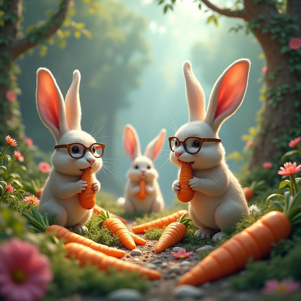 Rabbits with Glasses in Whimsical Landscape