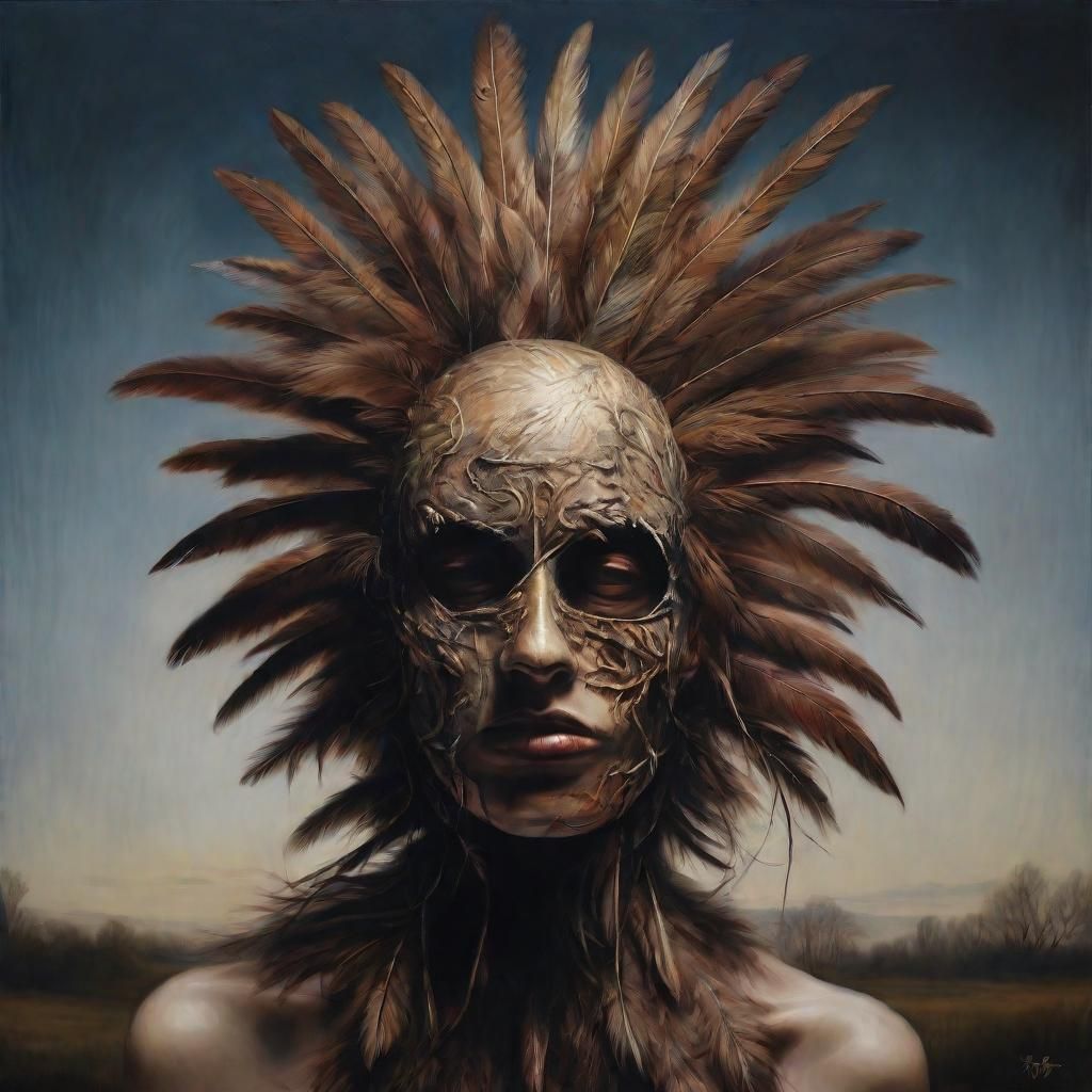 Feathered Mask: Hyperrealistic Digital Oil Painting