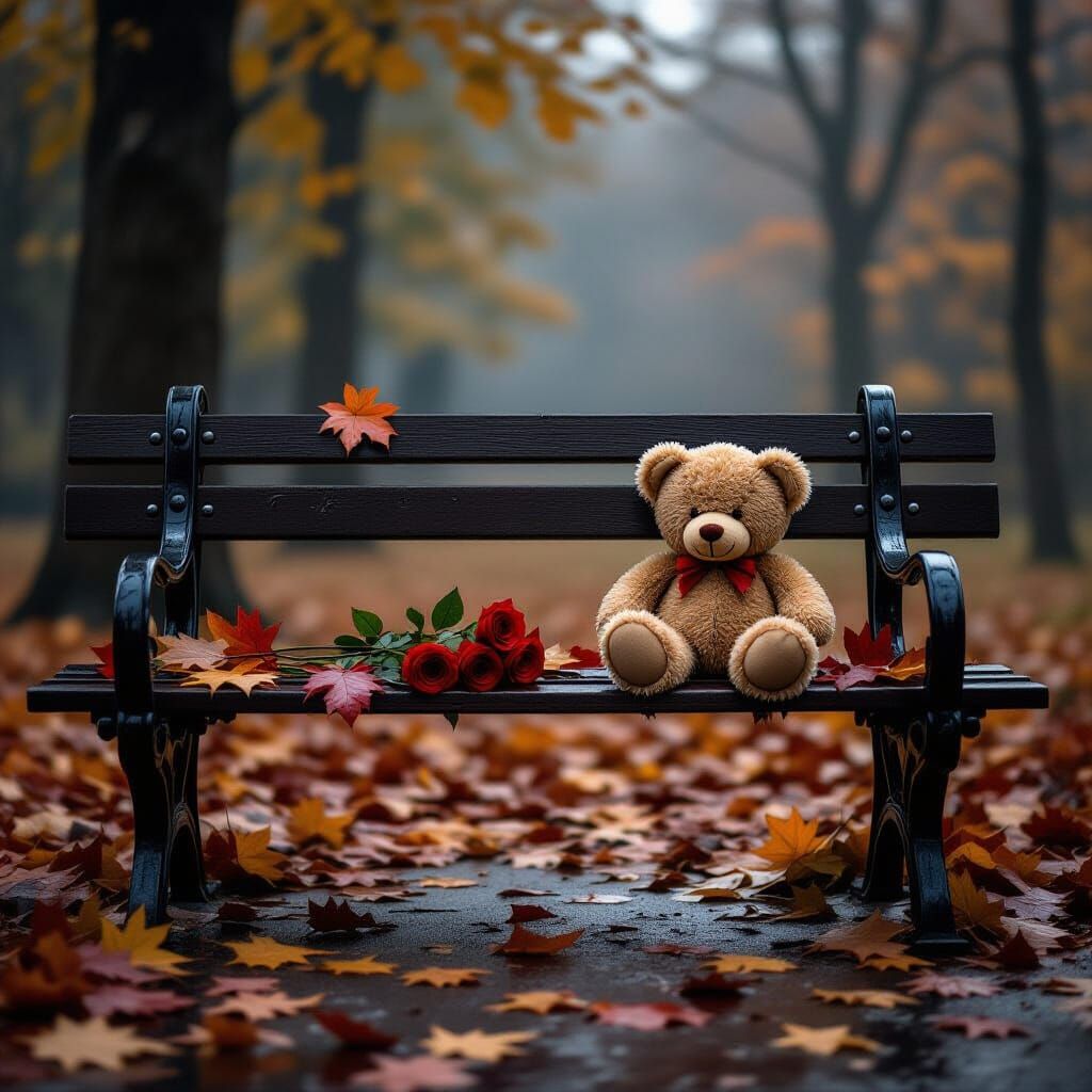 Abandoned Teddy Bear on Wet Autumn Park Bench
