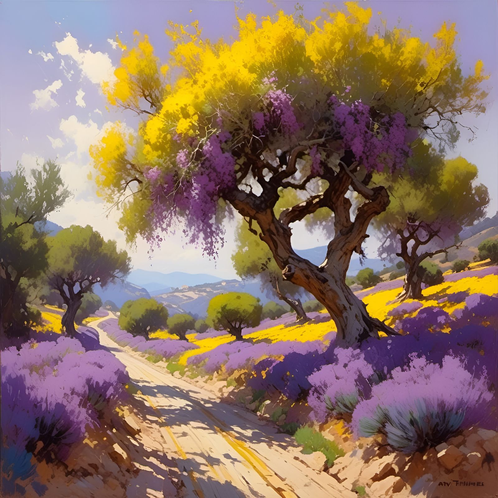 Olive Tree Road in Atmospheric Oil Painting Style