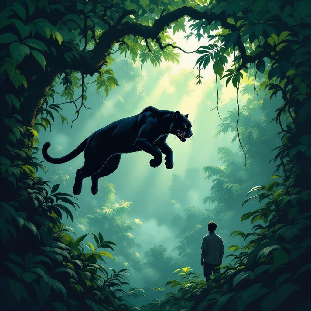 Panther Leaping from Jungle Tree in Dramatic Digital Paintin...