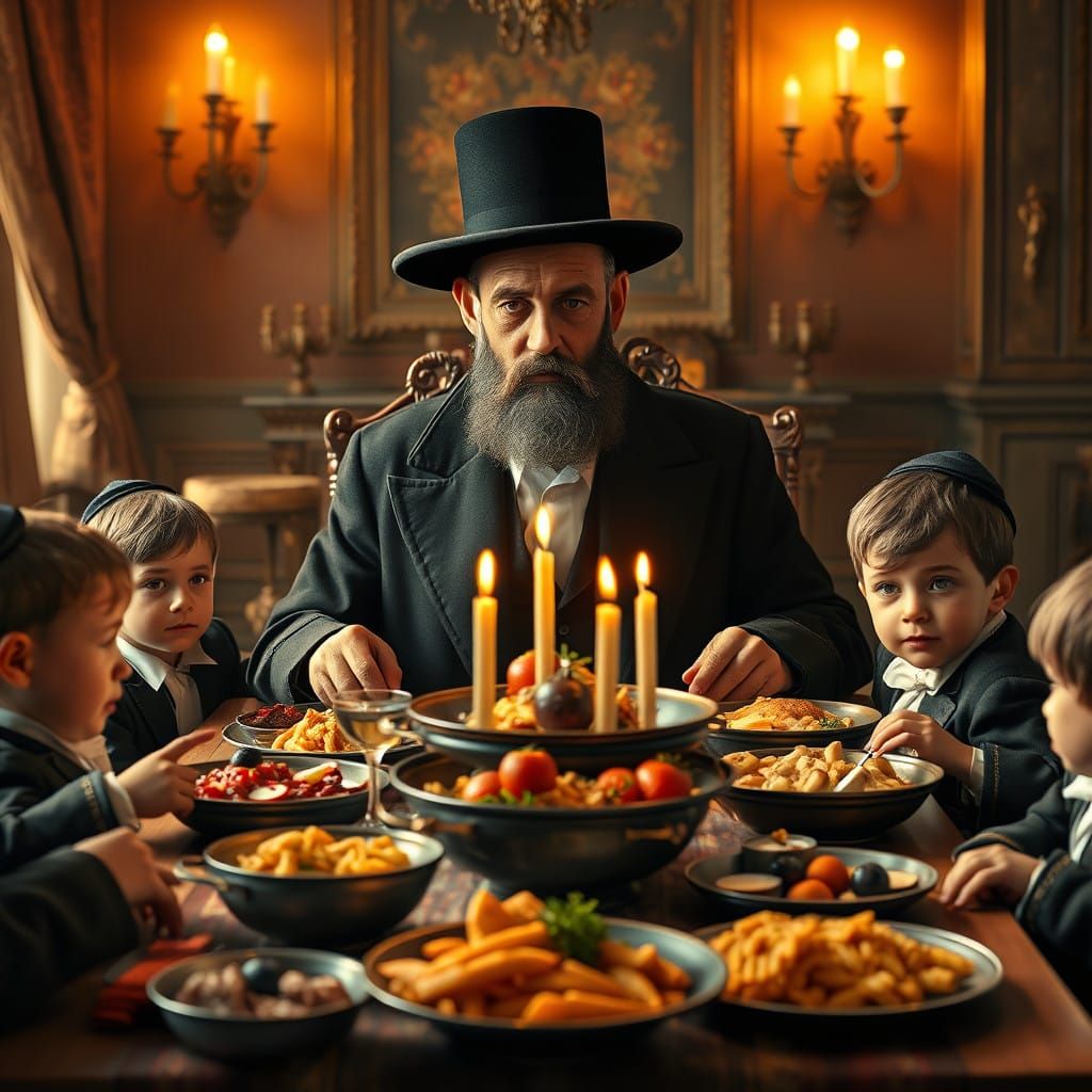 Traditional Hasidic Family Gather Around Lavish Shabbat Tabl...