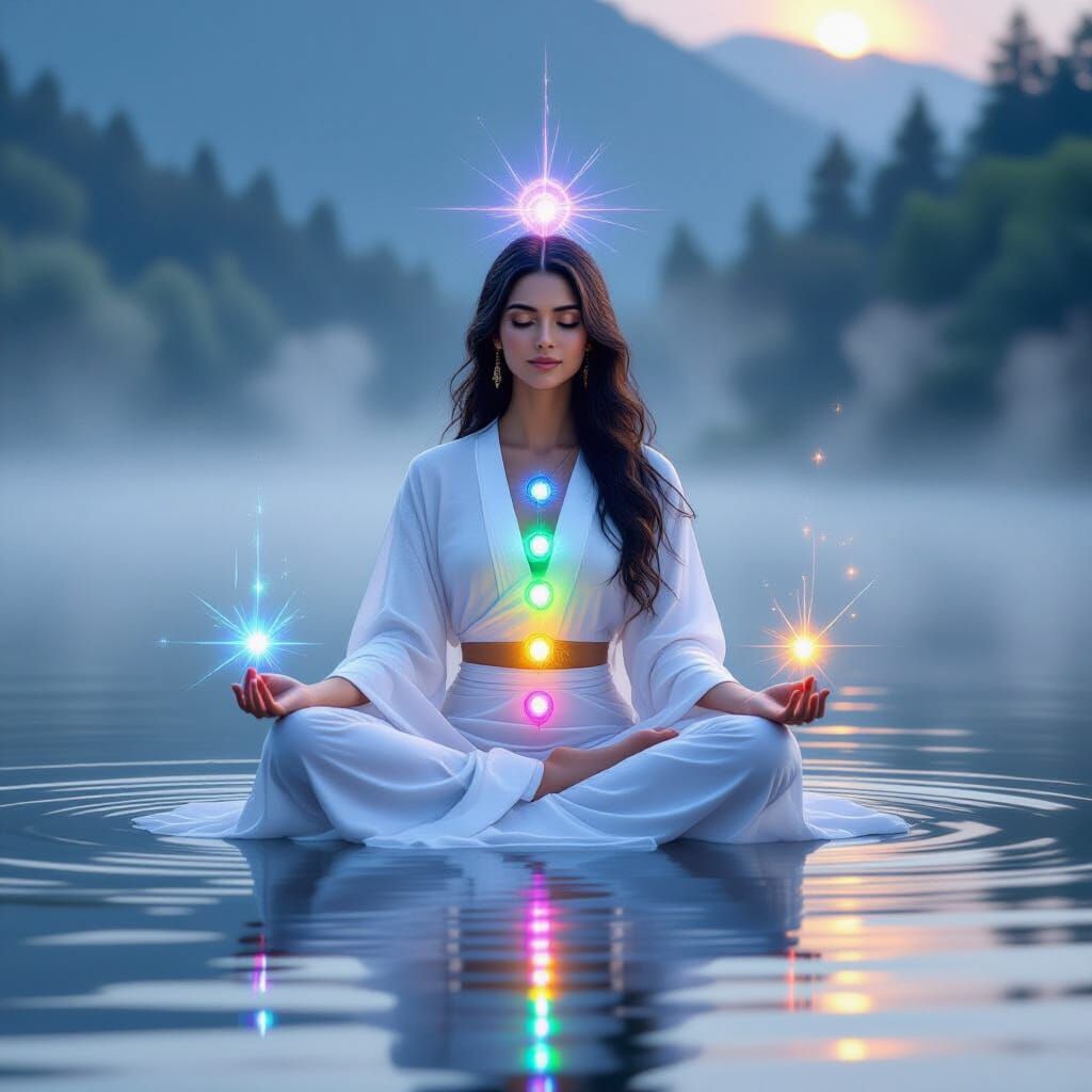 Meditating Woman with Glowing Chakras on Misty Lake