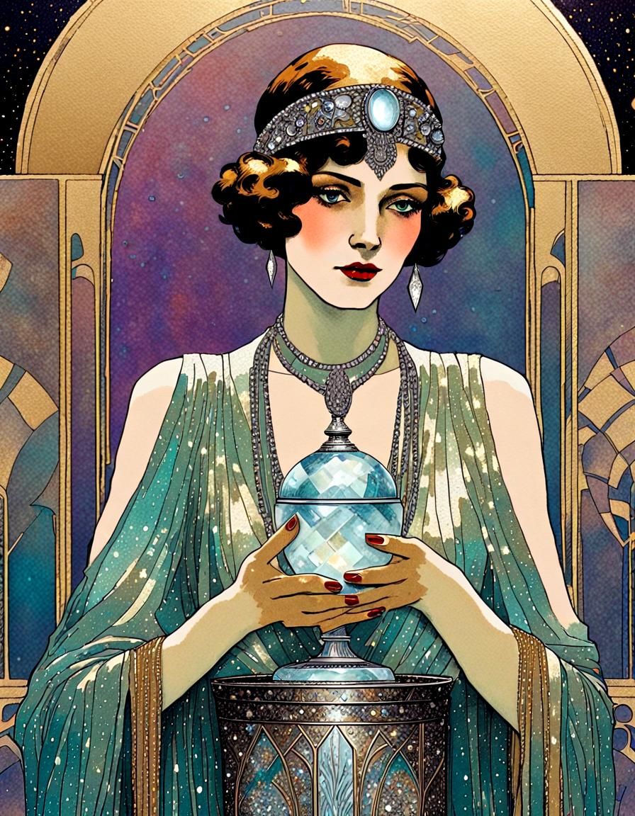 Art Deco Priestess with Crystal Potion