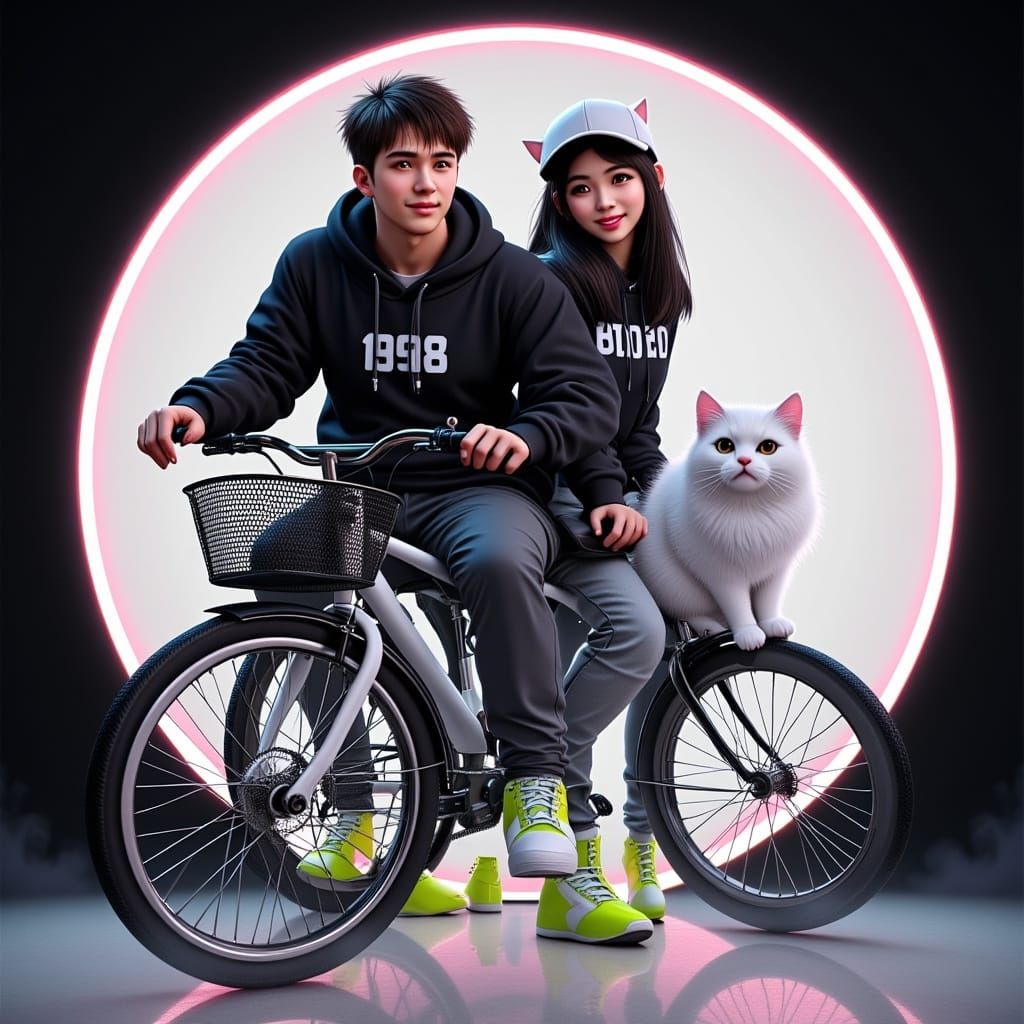 Surreal 3D Couple on Bicycle with Cat in Studio