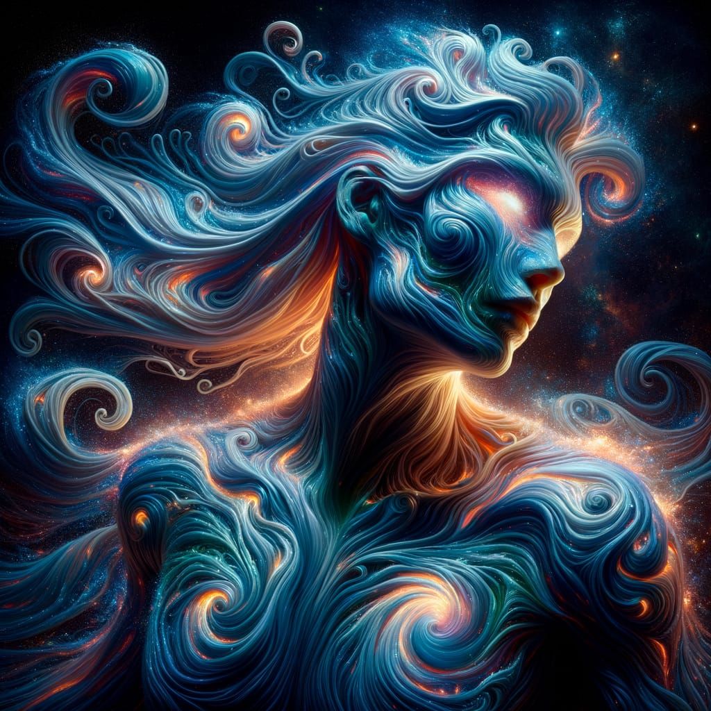 Dreamlike Water Humanoid with Shimmering Skin and Cosmic Hai...