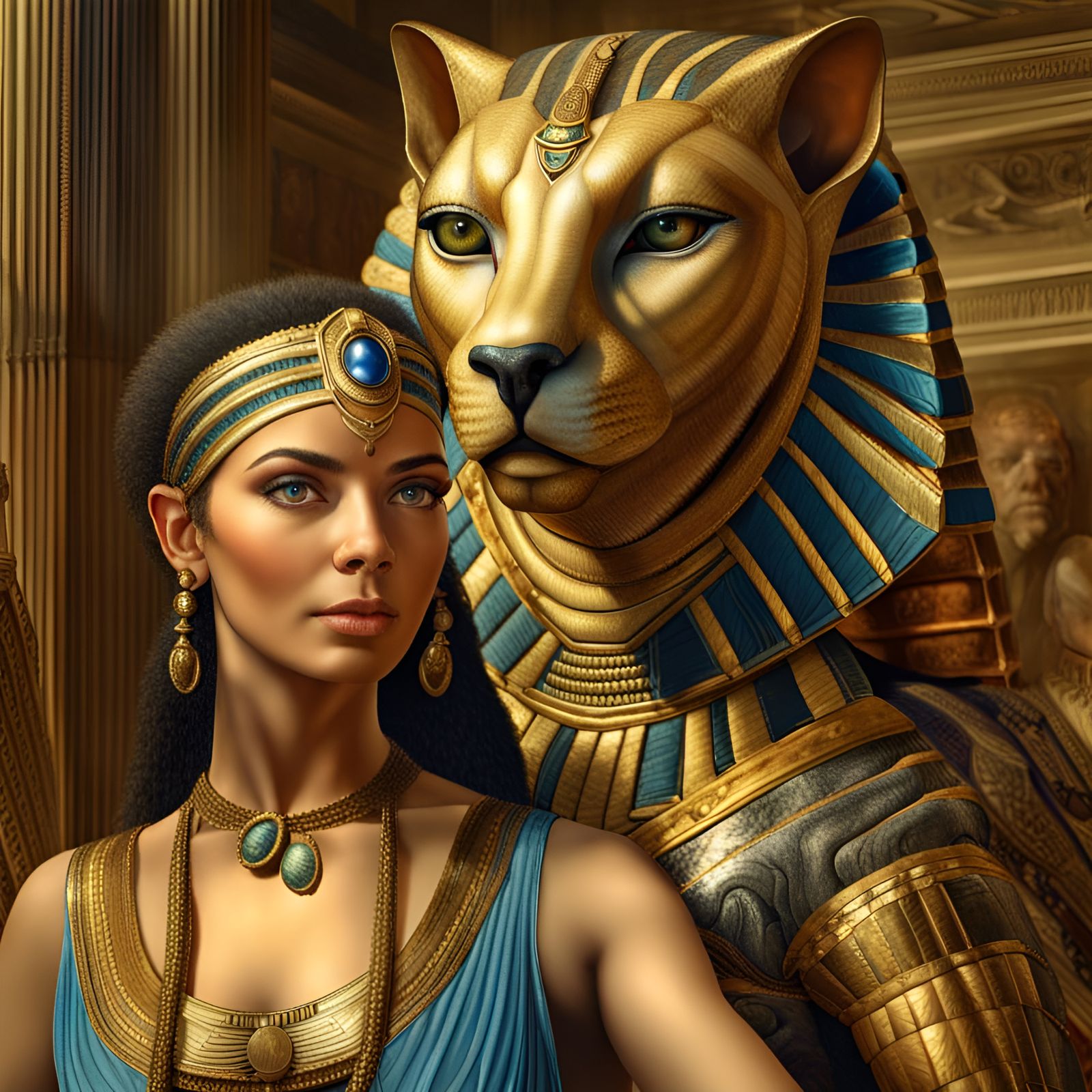 Cleopatra taking a selfie with a living Sphinx