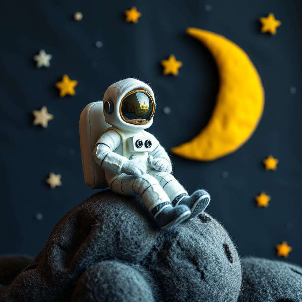 Felt Astronaut on Felt Moon in Starry Night