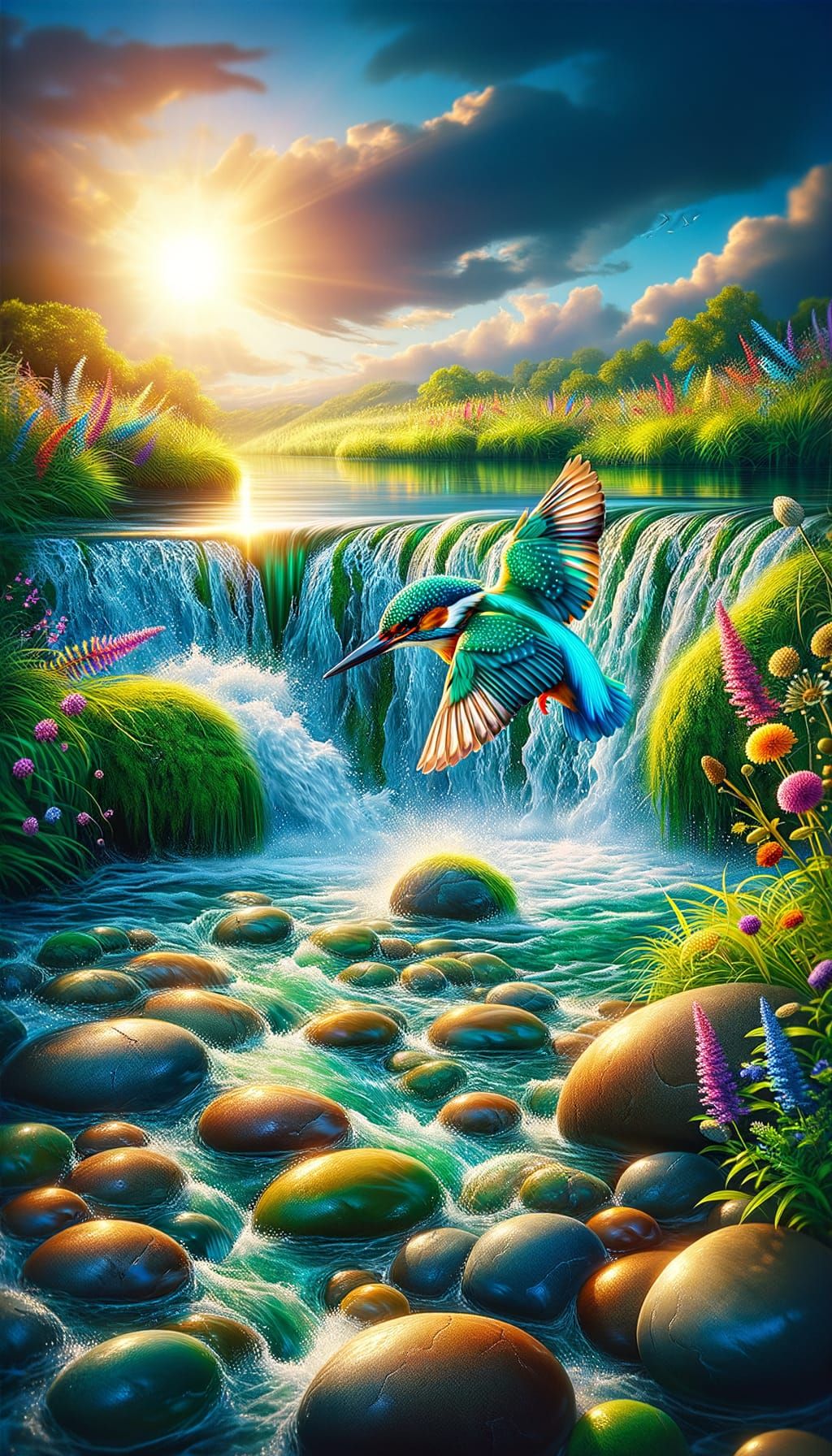 Turquoise Kingfisher in Flight Over Vibrant Waterfall