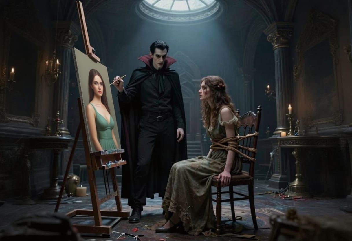 Vampire Artist Paints Captive Woman in Gloomy Room
