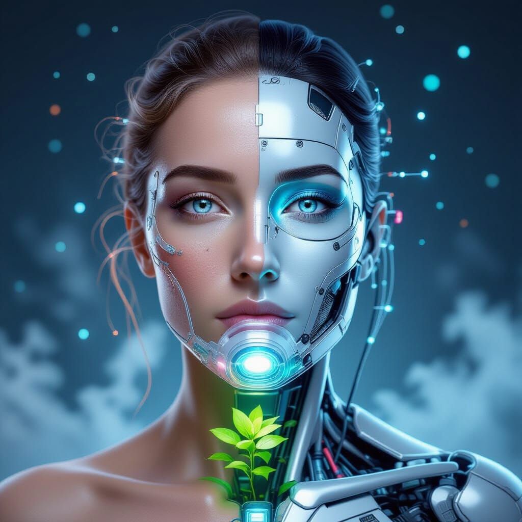 Hyperrealistic AI Face Fusion: Human Skin Meets Metallic Cir...