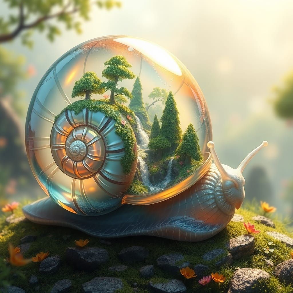 Iridescent Snail with Glass Shell and Landscape