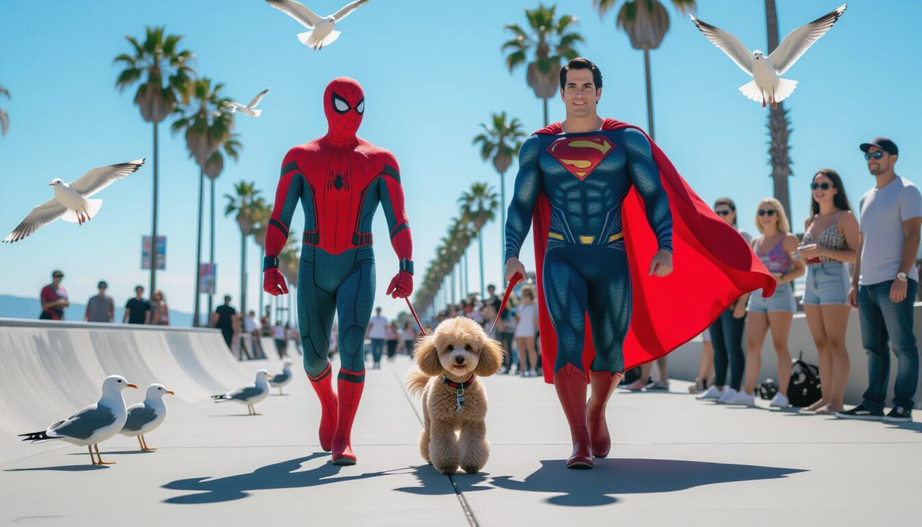 Spider-Man & Superman Walk Poodle at Venice Beach