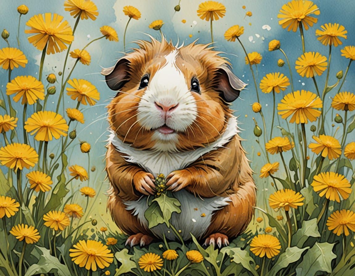 Whimsical Guinea Pig Amidst Vibrant Dandelions