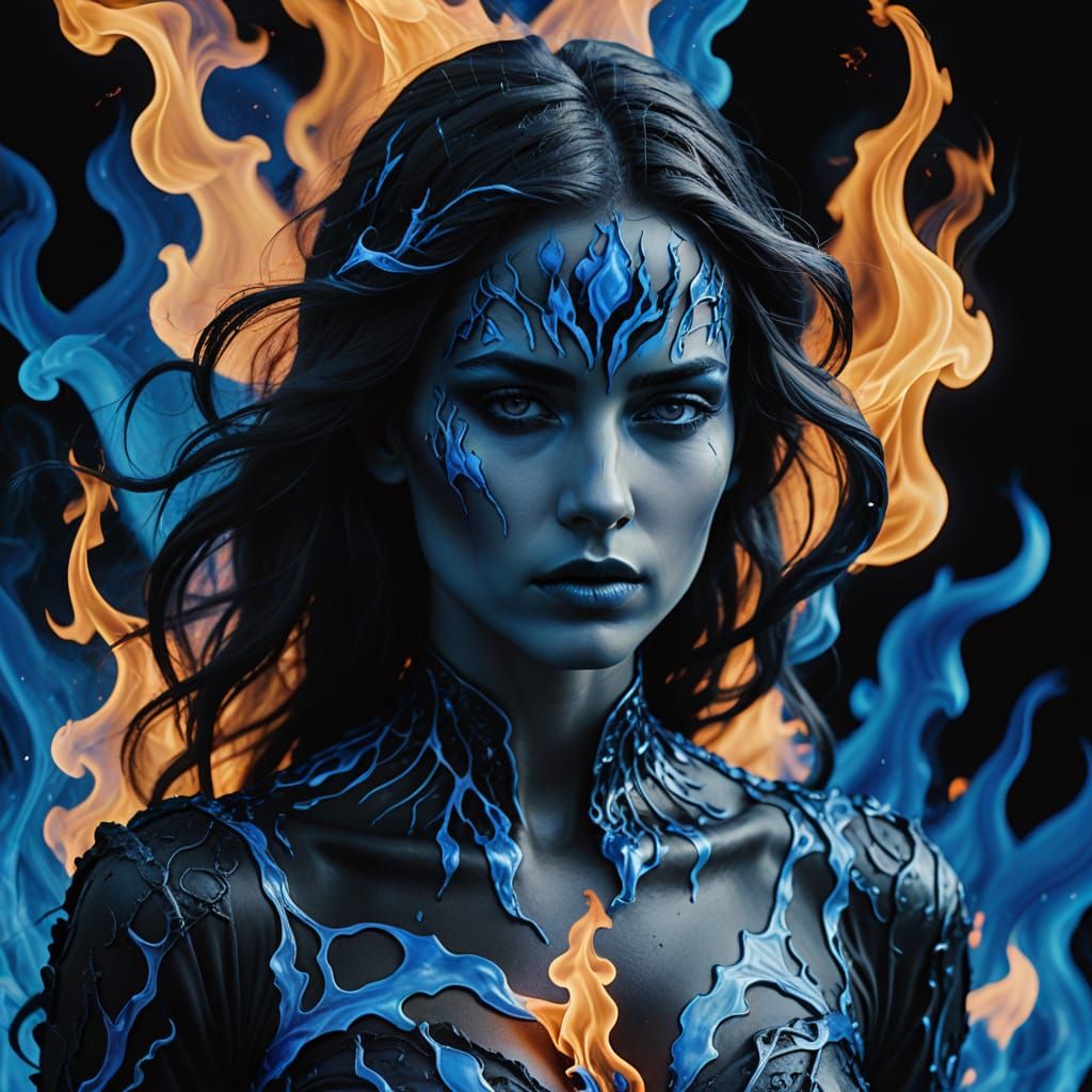 Blue Fire Woman in Obsidian Desert: Surreal Digital Art