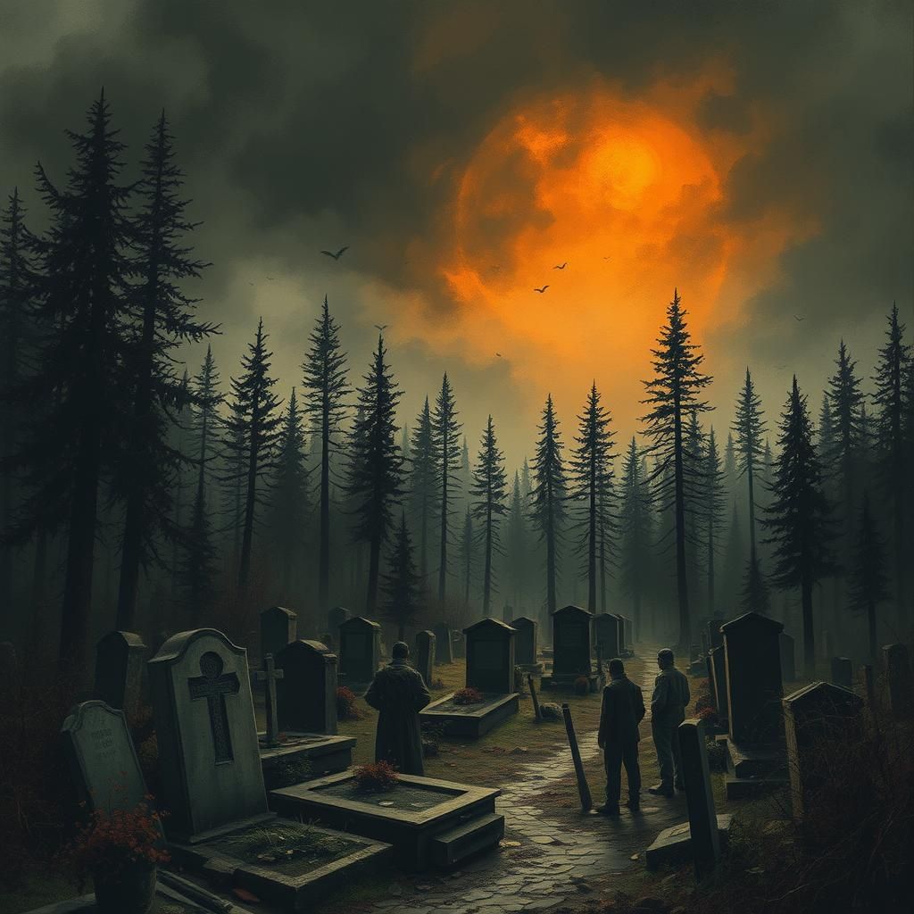 Sinister Cemetery in Forest with Orange Sun