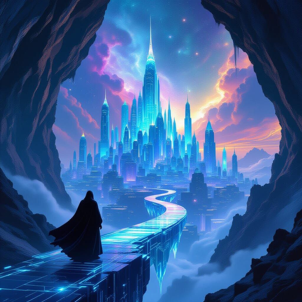 Bioluminescent Geode City Overlooked by Solitary Figure