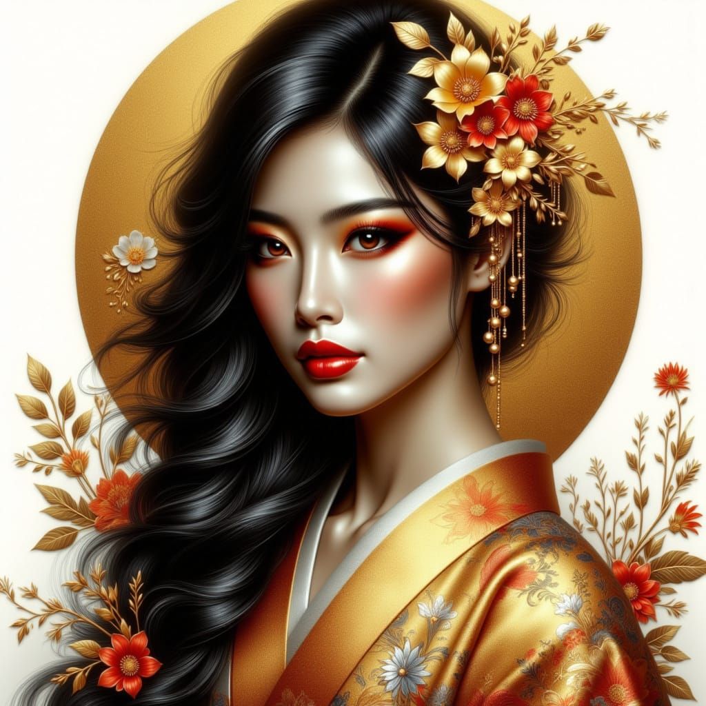 Geisha with Gold Flowers in Digital Art Style