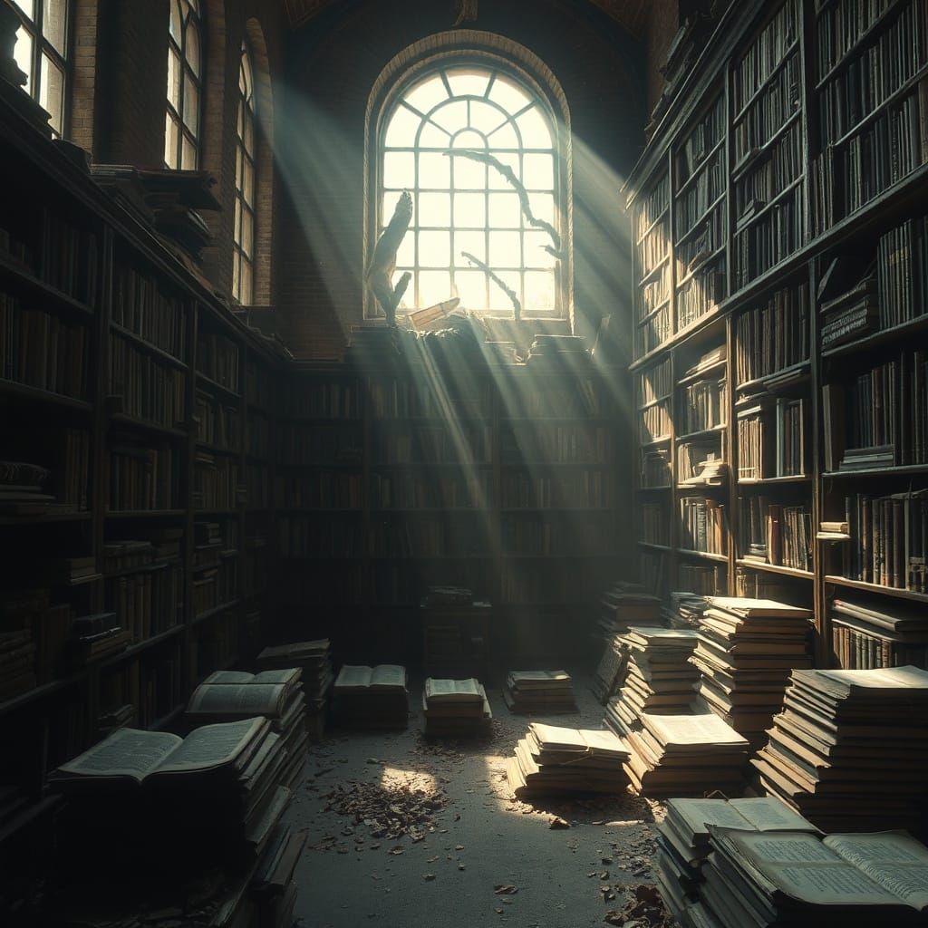 Mystical Library with Light Shafts in Beksiński Style