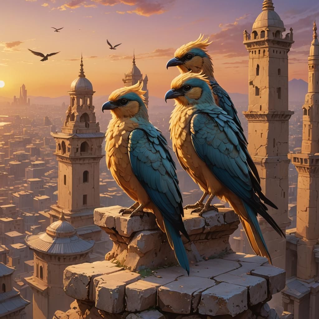 Majestic Mythical Birds Over Ancient Cityscape: Anime Style
