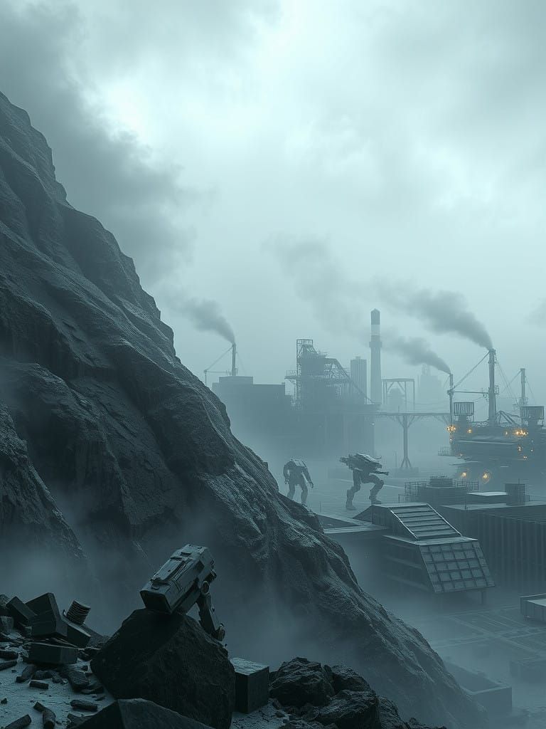 Gritty Sci-Fi Cityscape beneath Ominous Fog and Industrial R...
