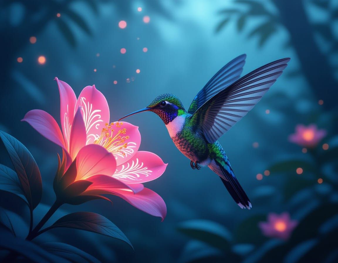 Bioluminescent Hummingbird with Māori Patterns in Dreamlike ...